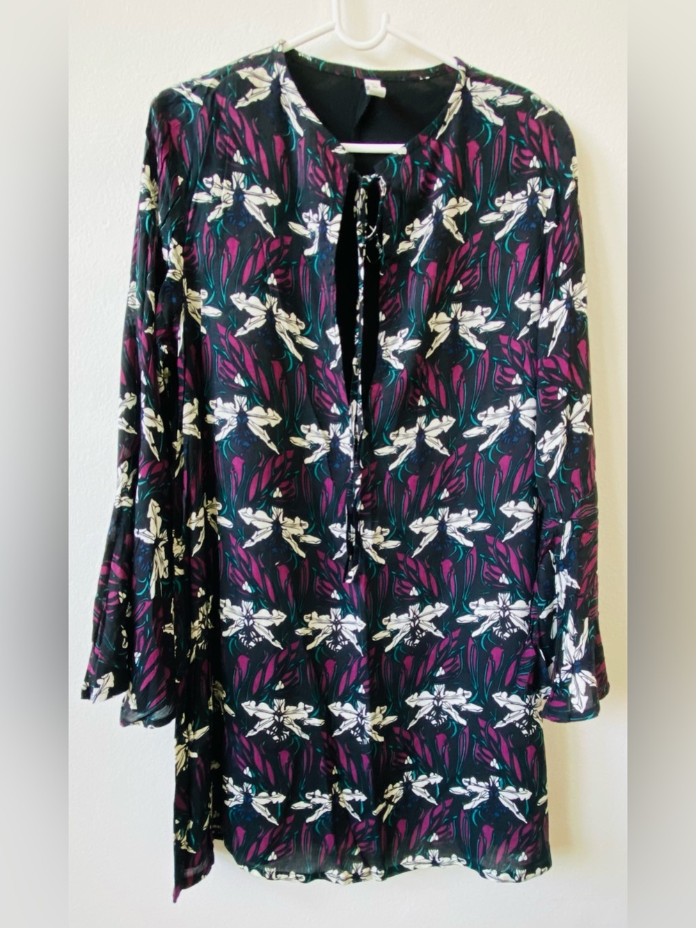 Floral Tie-Neck Long Sleeve Blouse in Black, Purple & Teal